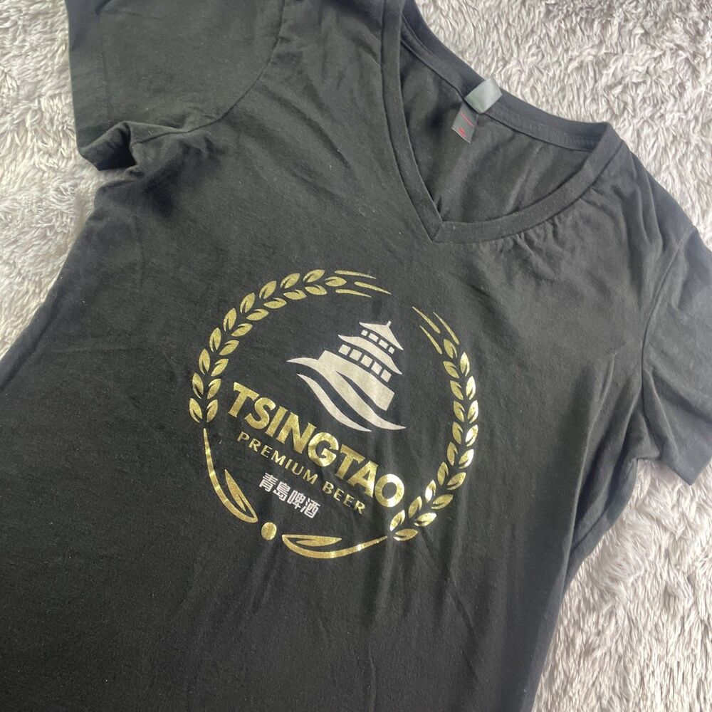 Tsingtao Shirt Womens Small Black Gold White Premium Beer Brewing Party Asian
